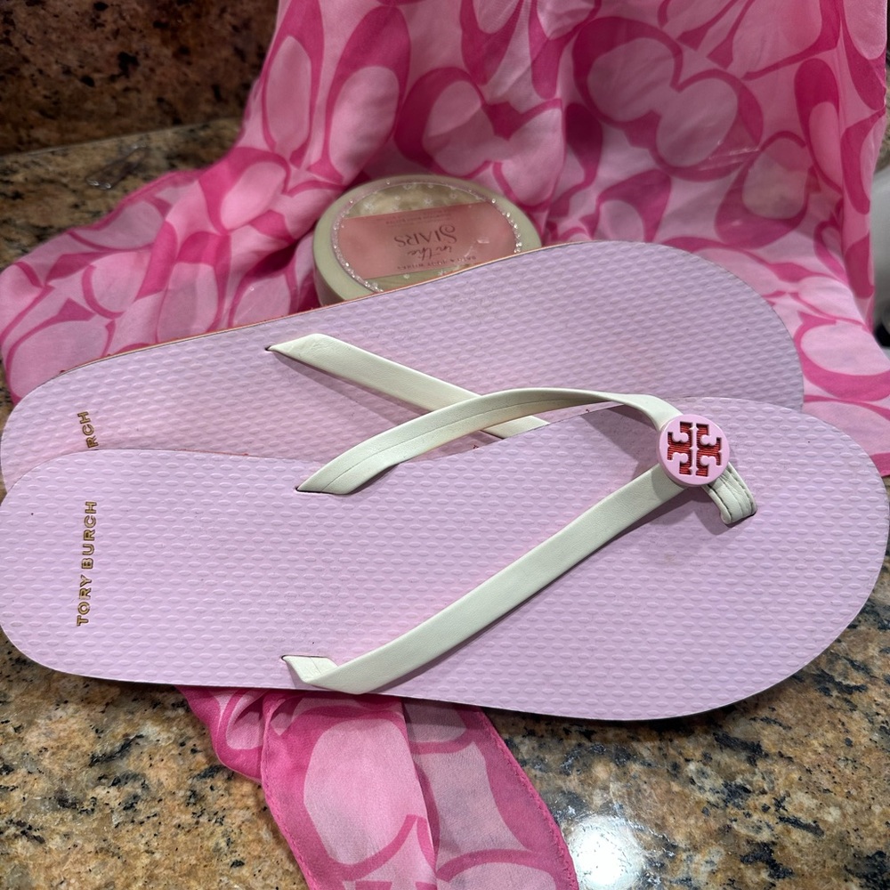 Tory Burch Pink and White Sandals with Floral Accent